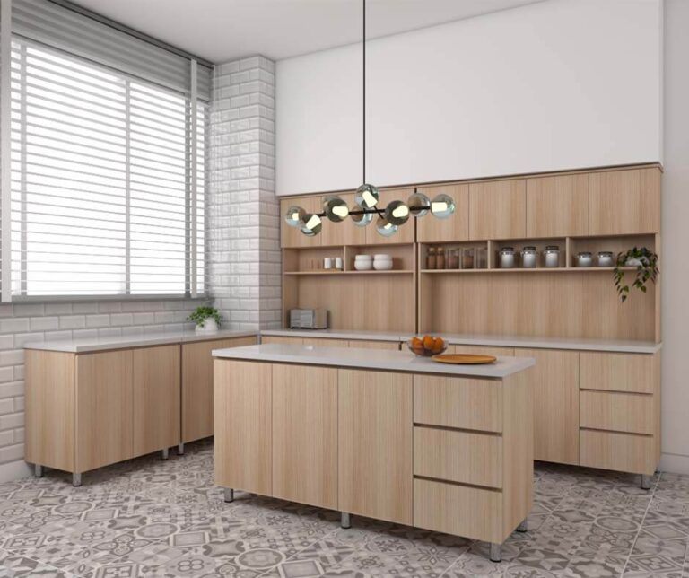 Modern minimalist kitchen with light wood RTA kitchen cabinets, open shelving, and a center island