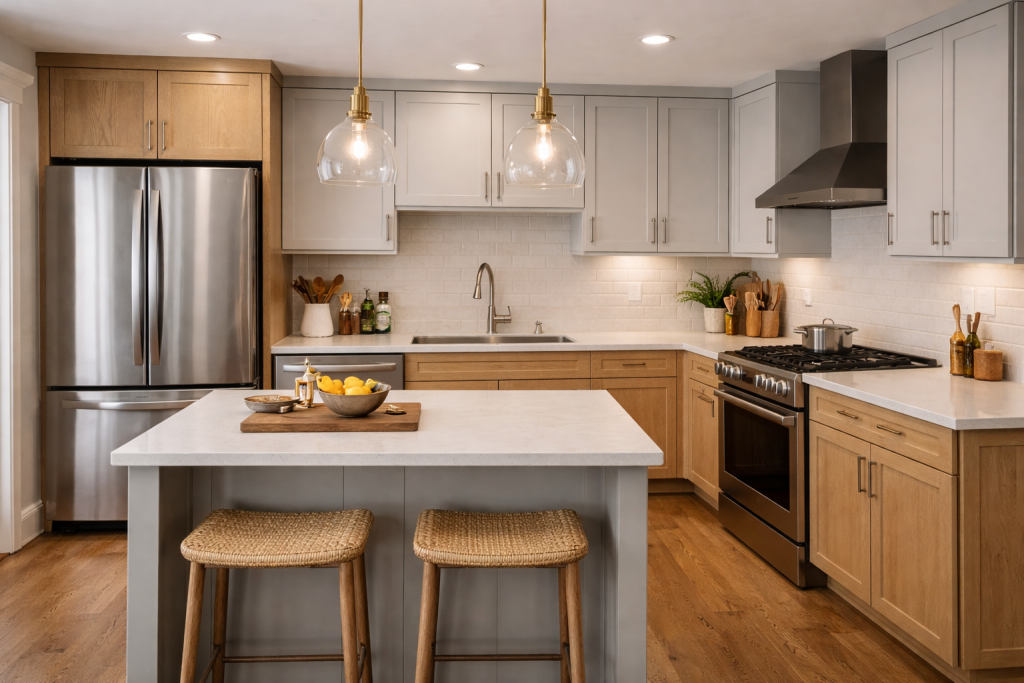 Two-tone kitchen cabinets with light gray uppers and natural wood lowers, a white island, and stainless steel appliances.