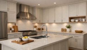 Modern kitchen cabinets in a bright U-shaped layout with light shaker doors, a large island sink, and a stainless steel range hood.