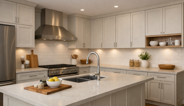 Modern kitchen cabinets in a bright U-shaped layout with light shaker doors, a large island sink, and a stainless steel range hood.