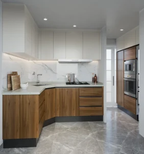Modern two-tone RTA kitchen cabinets with white uppers, walnut base cabinets, marble-look backsplash, and built-in oven in Canada