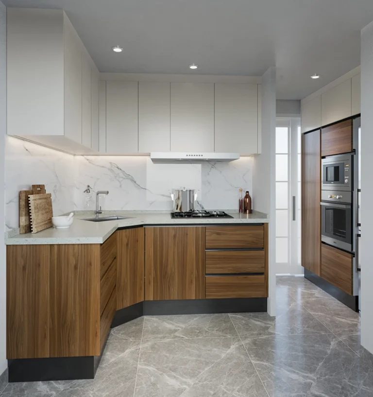 Modern two-tone RTA kitchen cabinets with white uppers, walnut base cabinets, marble-look backsplash, and built-in oven in Canada