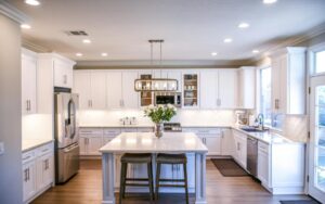 Modern bright kitchen with white shaker premade kitchen cabinet set, large island, stainless steel appliances, and recessed lighting.