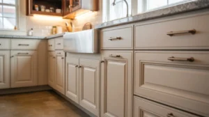 Kitchen Cabinets Toronto – modern white shaker kitchen with dark island, quartz countertop, and built-in wine fridge