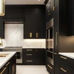 Modern black kitchen cabinets with brass handles, white quartz countertops, and marble-look backsplash
