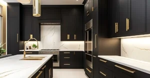 Modern black kitchen cabinets with brass handles, white quartz countertops, and marble-look backsplash