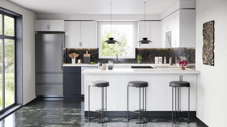 Modern two-tone kitchen cabinets in Mississauga featuring white shaker uppers, a bright island, and a dark marble backsplash.