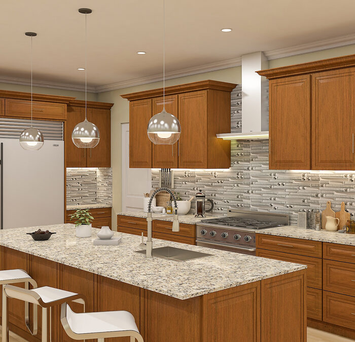 RTA kitchen cabinets with warm wood finish and white quartz island in a modern kitchen