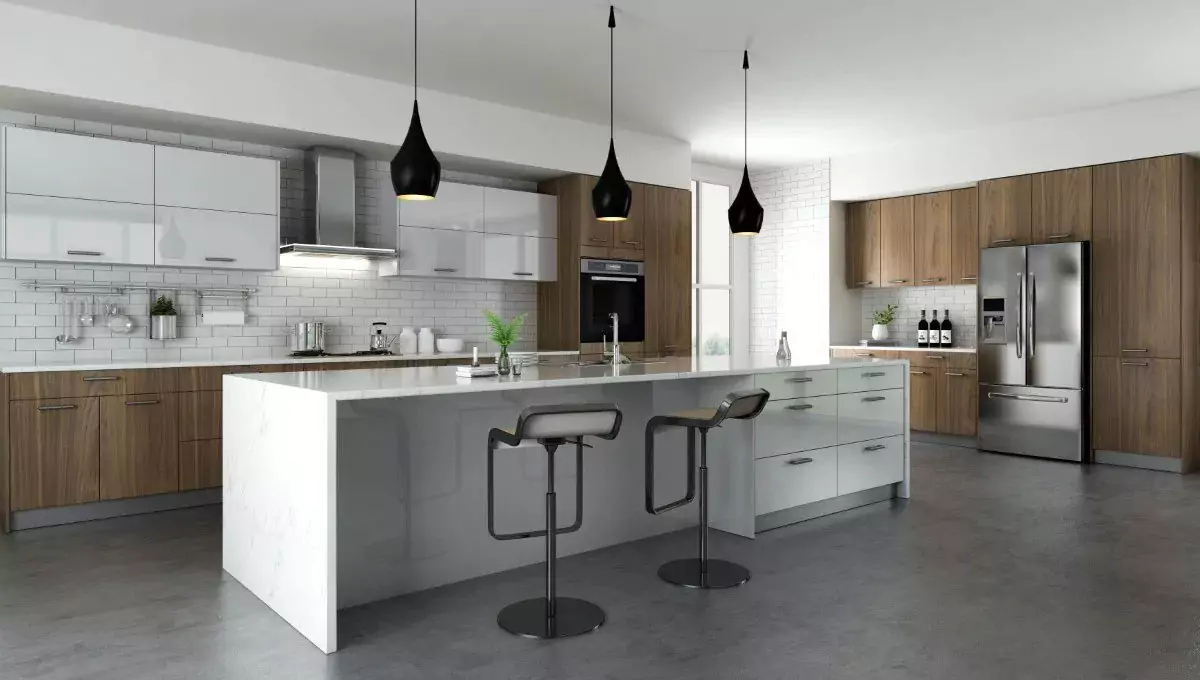 Modern kitchen cabinets Richmond Hill with white and wood finishes, large island, and minimalist design