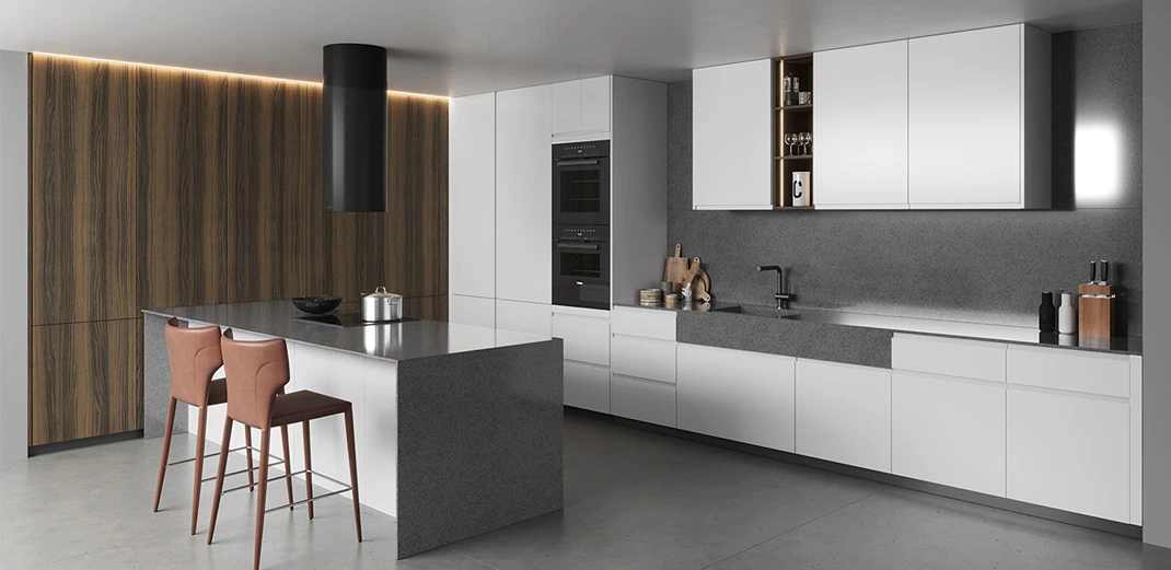 Modern white kitchen cabinets in a minimalist kitchen with a gray island, built-in appliances, and wood accent wall