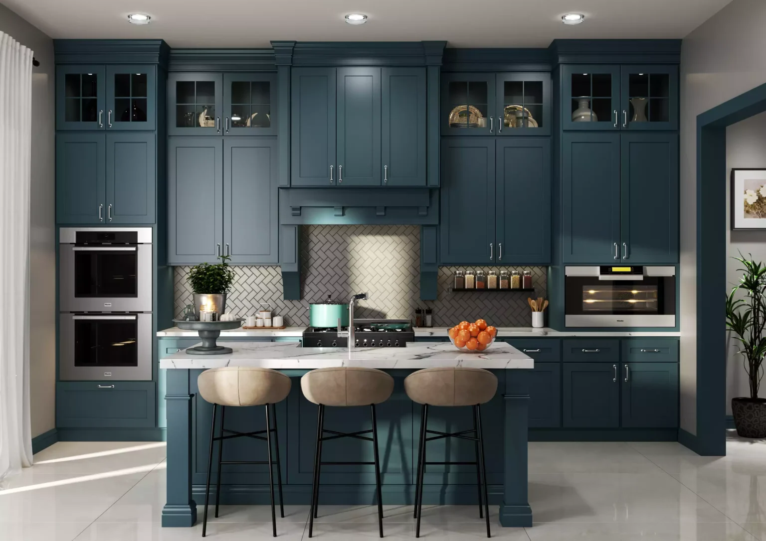 Deep navy blue kitchen cabinets in a modern home, one of the best kitchen cabinet colors Canada homeowners love