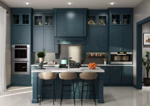 Deep navy blue kitchen cabinets in a modern home, one of the best kitchen cabinet colors Canada homeowners love