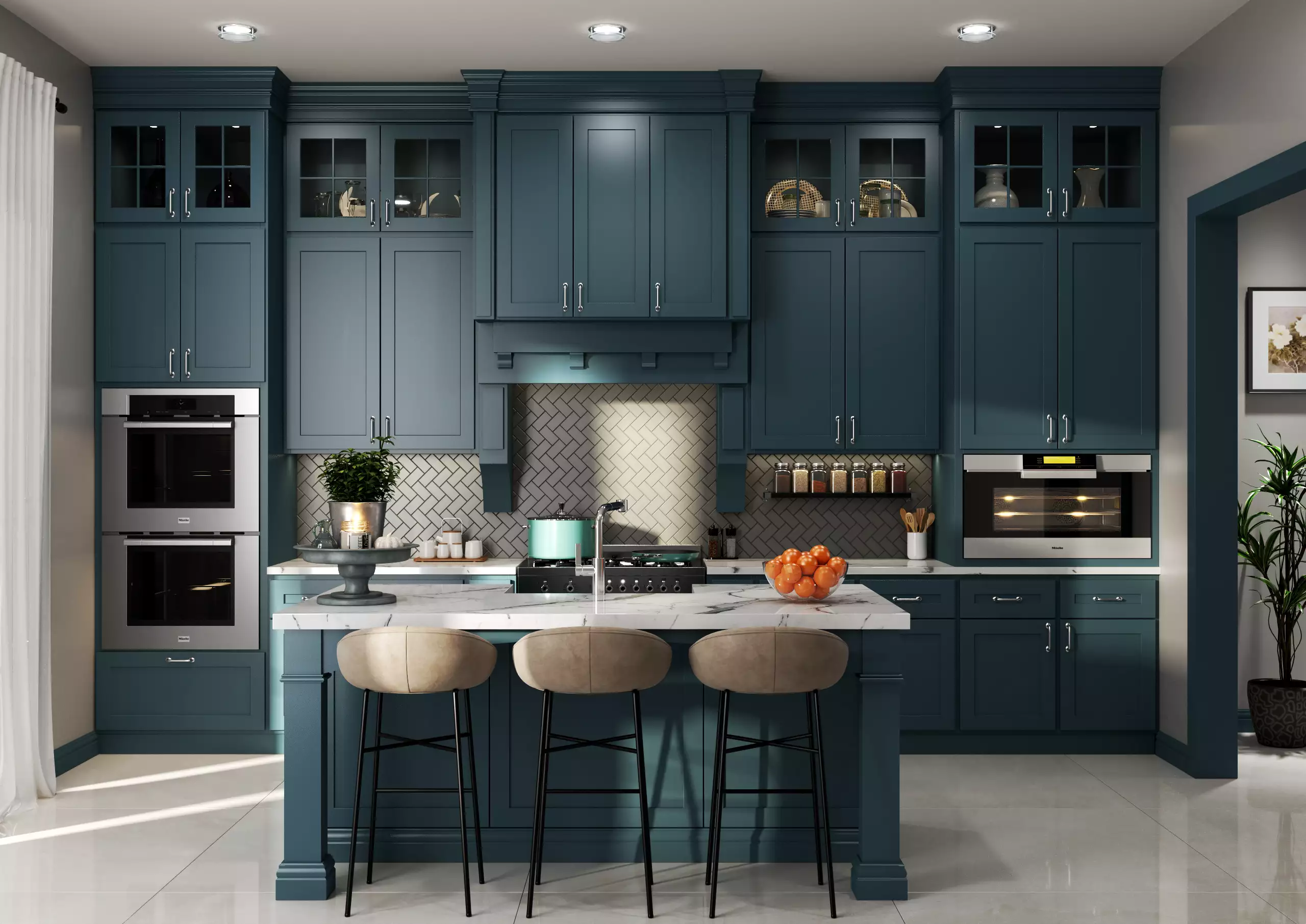 Deep navy blue kitchen cabinets in a modern home, one of the best kitchen cabinet colors Canada homeowners love
