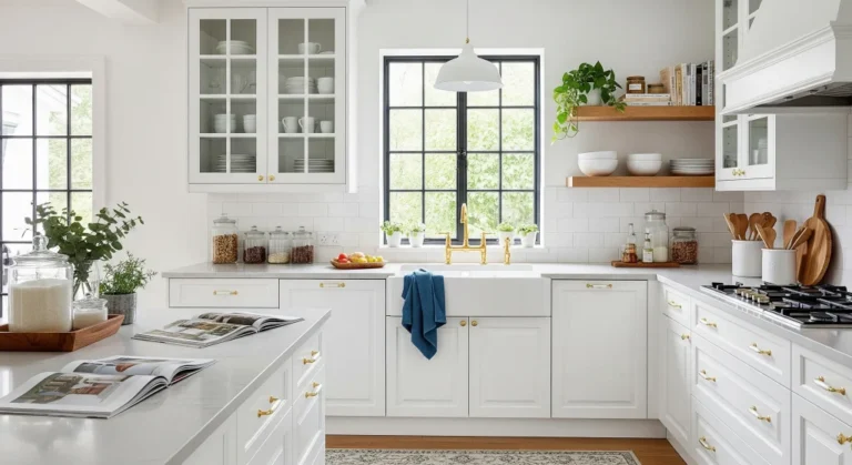 Bright modern kitchen cabinets in white with glass-front uppers, gold hardware, open wood shelves, and large black-framed windows