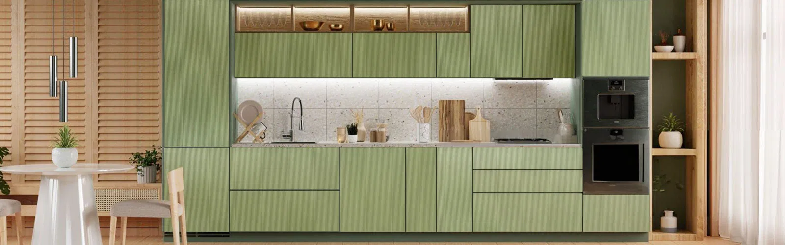 Premium kitchen cabinets in a modern green kitchen design