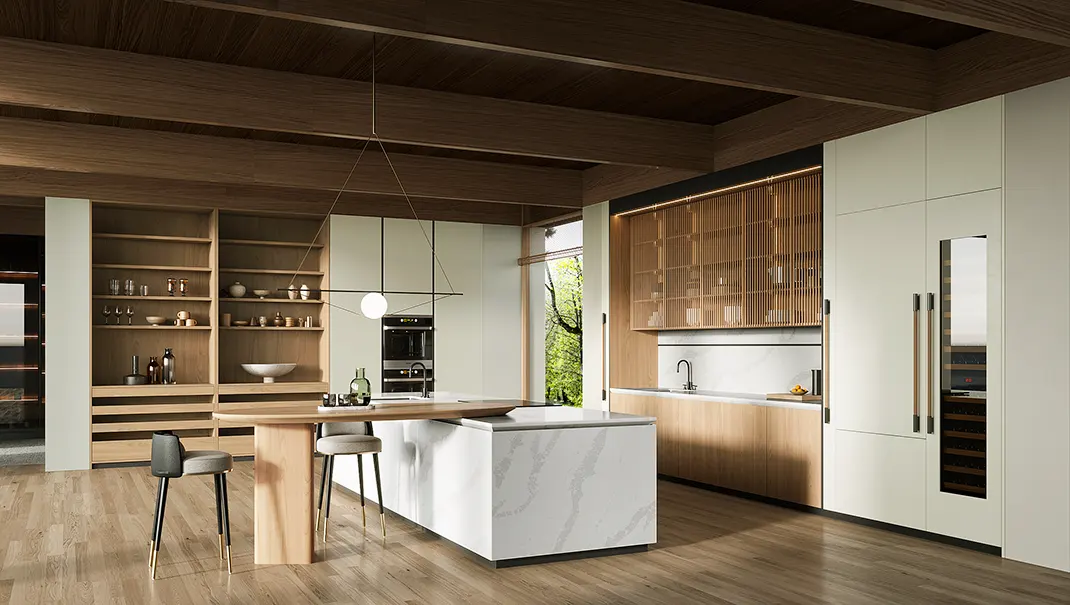 IKEA kitchen cabinets vs custom cabinets in a premium kitchen with tall cabinets, natural wood accents, and a large waterfall island.