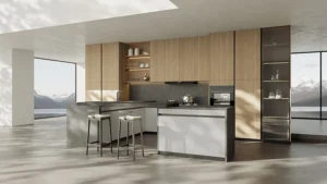 modern ready-to-assemble kitchen cabinets with minimalist island and wood finish