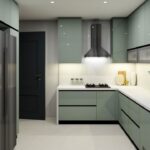Modern U-shaped kitchen with glossy sage green cabinets and a white quartz countertop—best kitchen cabinet colors Canada.