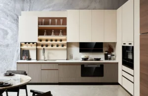 Modern kitchen cabinets in a minimalist design with cream upper cabinets, wood lower cabinets, and warm LED shelf lighting.