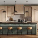 Modern kitchen with two-tone RTA kitchen cabinets, green island base and light wood Shaker uppers