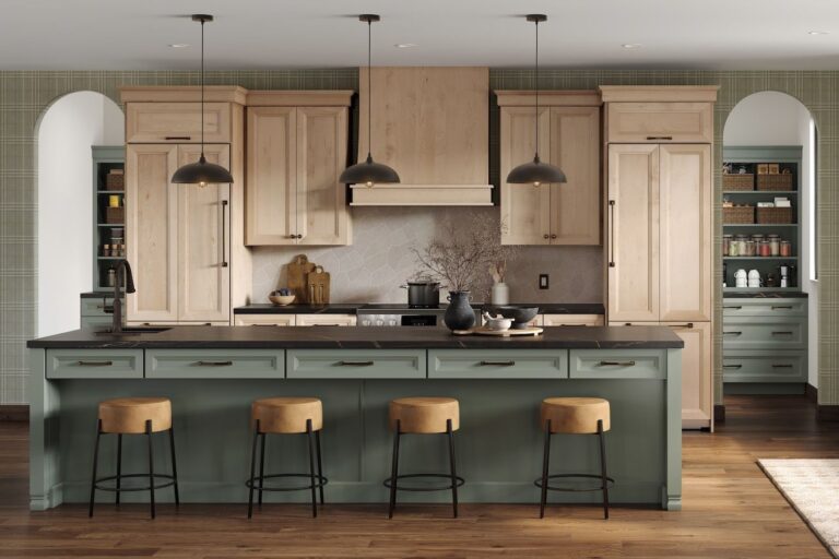 Modern kitchen with two-tone RTA kitchen cabinets, green island base and light wood Shaker uppers