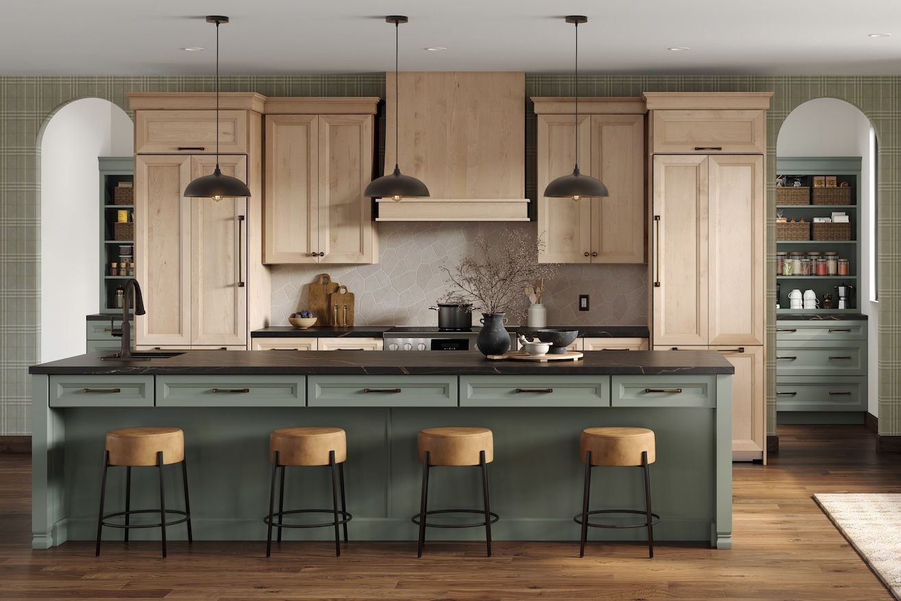 Modern kitchen with two-tone RTA kitchen cabinets, green island base and light wood Shaker uppers