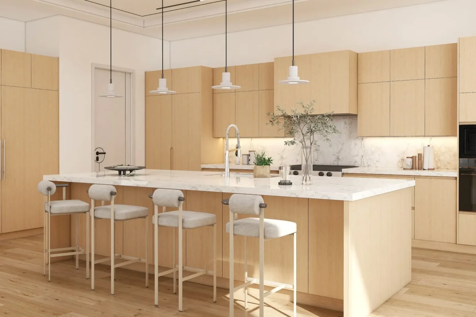 Modern light wood Kitchen Cabinets Oakville with marble island, minimalist pendant lighting, and sleek contemporary design.