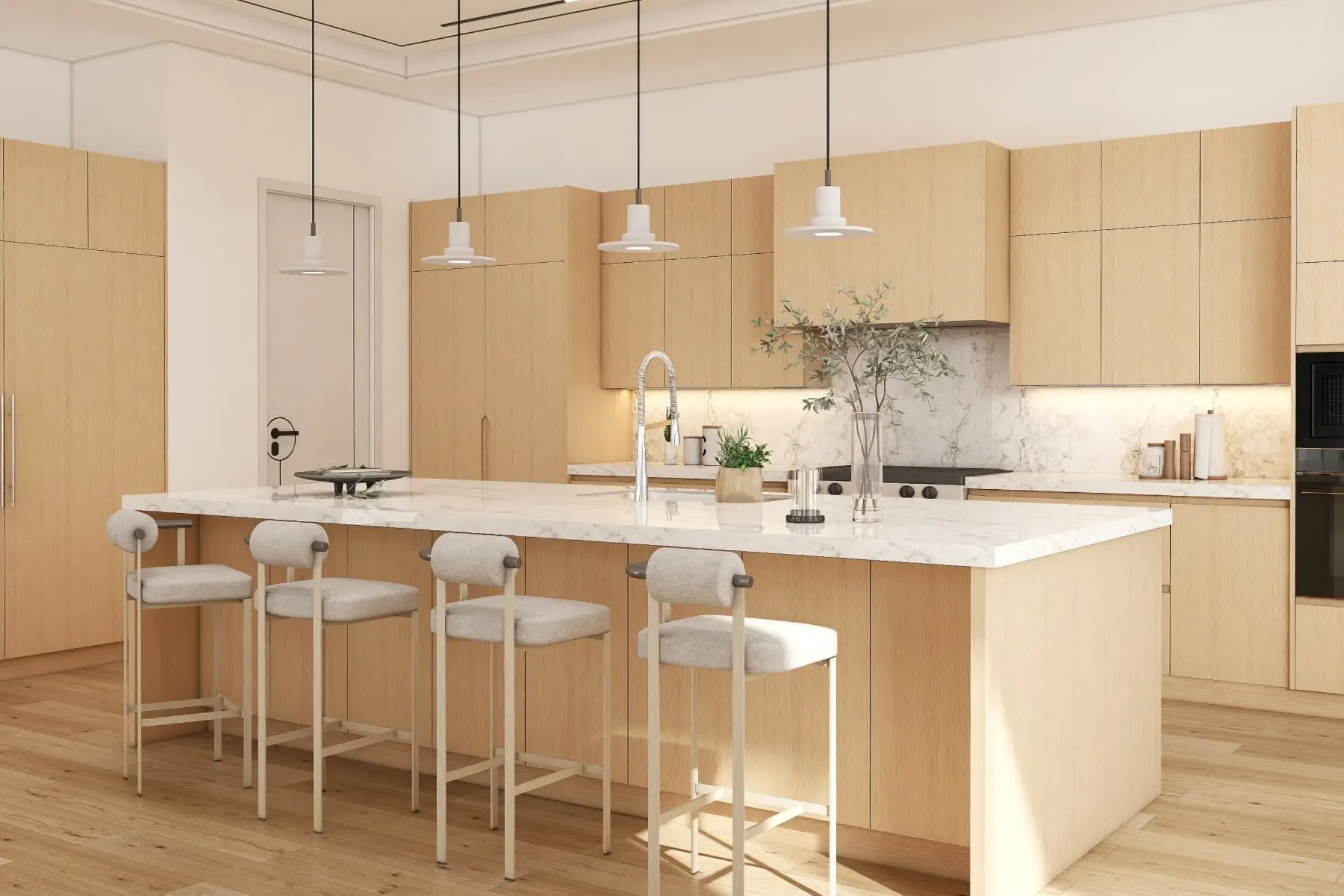 Modern light wood Kitchen Cabinets Oakville with marble island, minimalist pendant lighting, and sleek contemporary design.