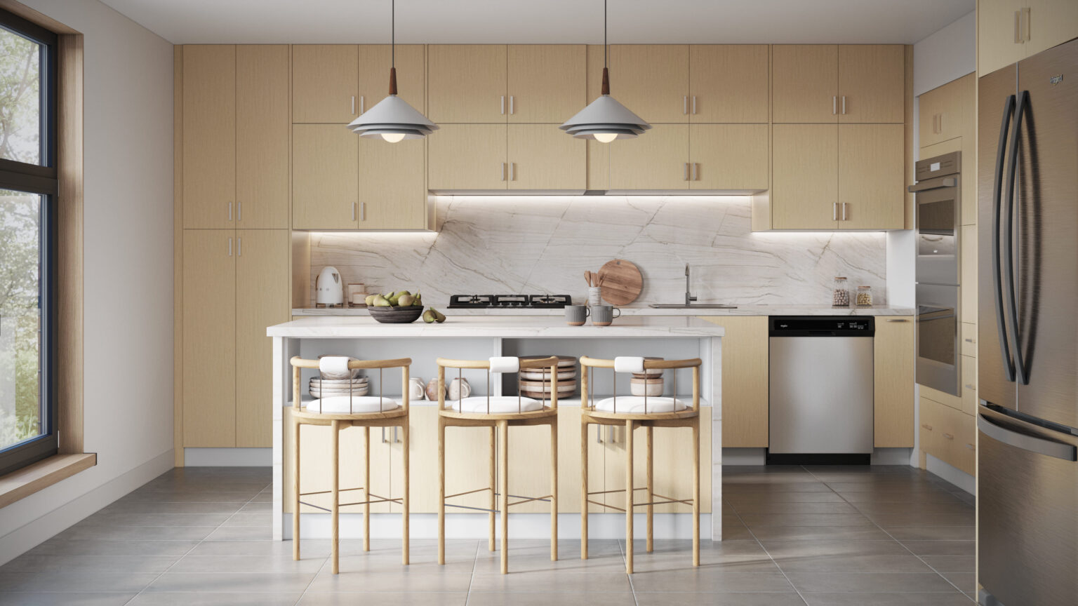 Modern light wood Kitchen Cabinets Burlington design with minimalist flat-panel cabinets, marble backsplash, island seating, and stainless steel appliances in a bright contemporary kitchen.