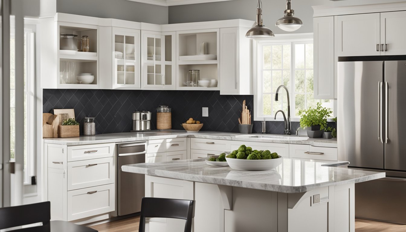 Modern white shaker style Kitchen Cabinets Hamilton design with marble island countertop, stainless steel appliances, and bright natural lighting.