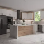 Modern white and wood Kitchen Cabinets Richmond Hill with a minimalist island design, marble floor, and bright contemporary layout.