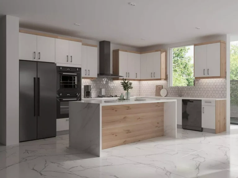 Modern white and wood Kitchen Cabinets Richmond Hill with a minimalist island design, marble floor, and bright contemporary layout.