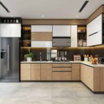 Kitchen Cabinets Mississauga – modern L-shaped two-tone white and wood cabinets with LED lighting
