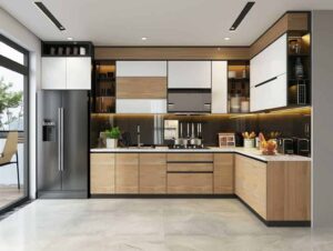 Kitchen Cabinets Mississauga – modern L-shaped two-tone white and wood cabinets with LED lighting