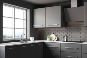 Modern RTA kitchen cabinets in gray and white minimalist design