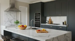 Modern Kitchen Cabinets Vaughan design featuring dark shaker cabinets, white marble island countertops, built-in ovens, and elegant brass hardware in a bright contemporary kitchen.