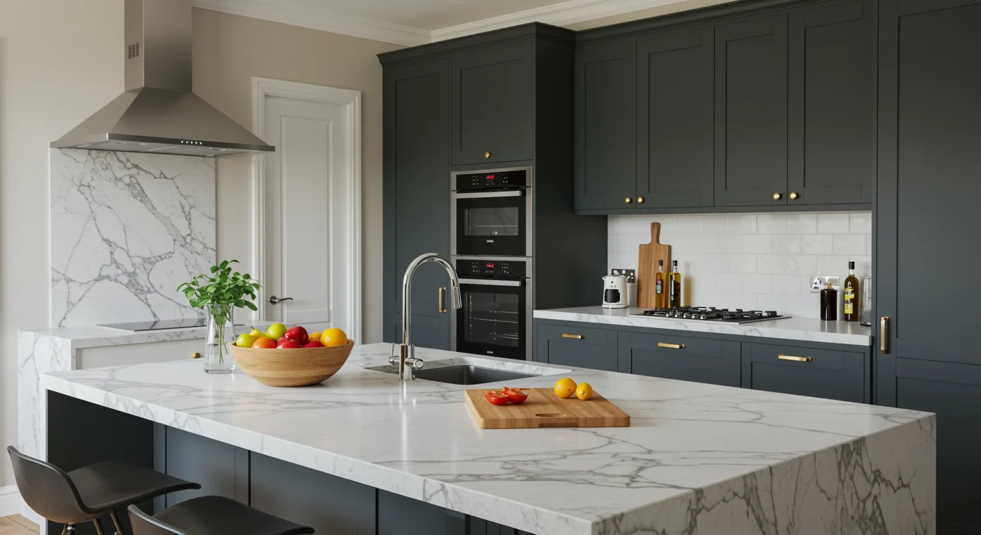 Modern Kitchen Cabinets Vaughan design featuring dark shaker cabinets, white marble island countertops, built-in ovens, and elegant brass hardware in a bright contemporary kitchen.