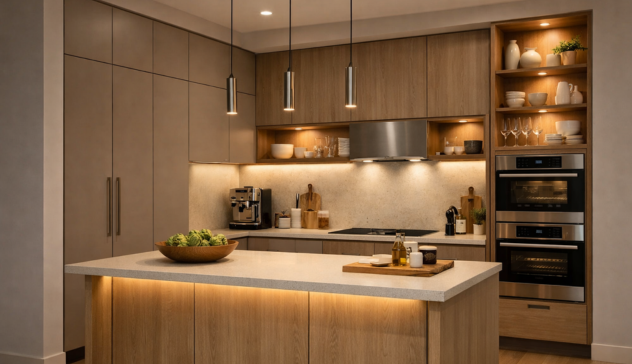 Modern Kitchen Cabinets Markham design featuring warm wood finishes, sleek flat-panel cabinetry, built-in wall ovens, open shelving, and a bright waterfall island with soft ambient lighting.