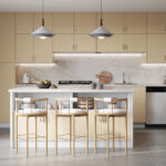 Modern Kitchen Cabinets Brampton with light wood flat-panel cabinetry, white island, marble backsplash, and built-in stainless steel appliances.