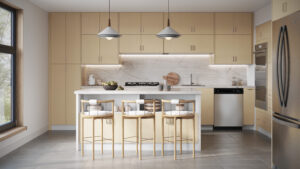 Modern Kitchen Cabinets Brampton with light wood flat-panel cabinetry, white island, marble backsplash, and built-in stainless steel appliances.