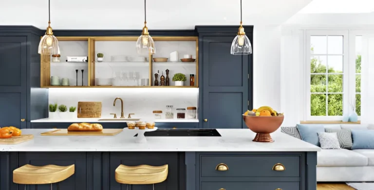 Kitchen Cabinets Oakville in a modern kitchen with navy blue shaker cabinets, open wood shelving, brass pendant lights, and a white island countertop.