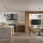 Modern Kitchen Cabinets Burlington design featuring warm wood cabinetry, white upper cabinets, a large gray stone island, pendant lighting, and an open-concept dining area.