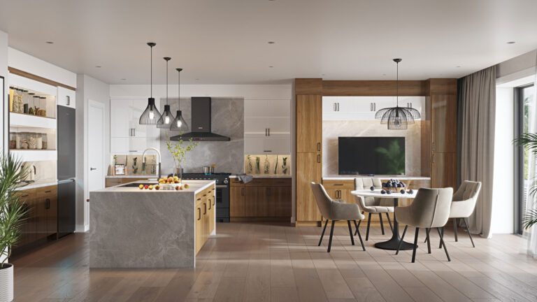 Modern Kitchen Cabinets Burlington design featuring warm wood cabinetry, white upper cabinets, a large gray stone island, pendant lighting, and an open-concept dining area.