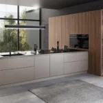 Modern Kitchen Cabinets Richmond Hill with minimalist white base cabinets, warm wood wall units, and a sleek black countertop