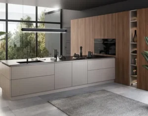 Modern Kitchen Cabinets Richmond Hill with minimalist white base cabinets, warm wood wall units, and a sleek black countertop