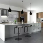 Modern Kitchen Cabinets Richmond Hill with white glossy cabinets, warm wood finishes, a large waterfall island, and black pendant lighting