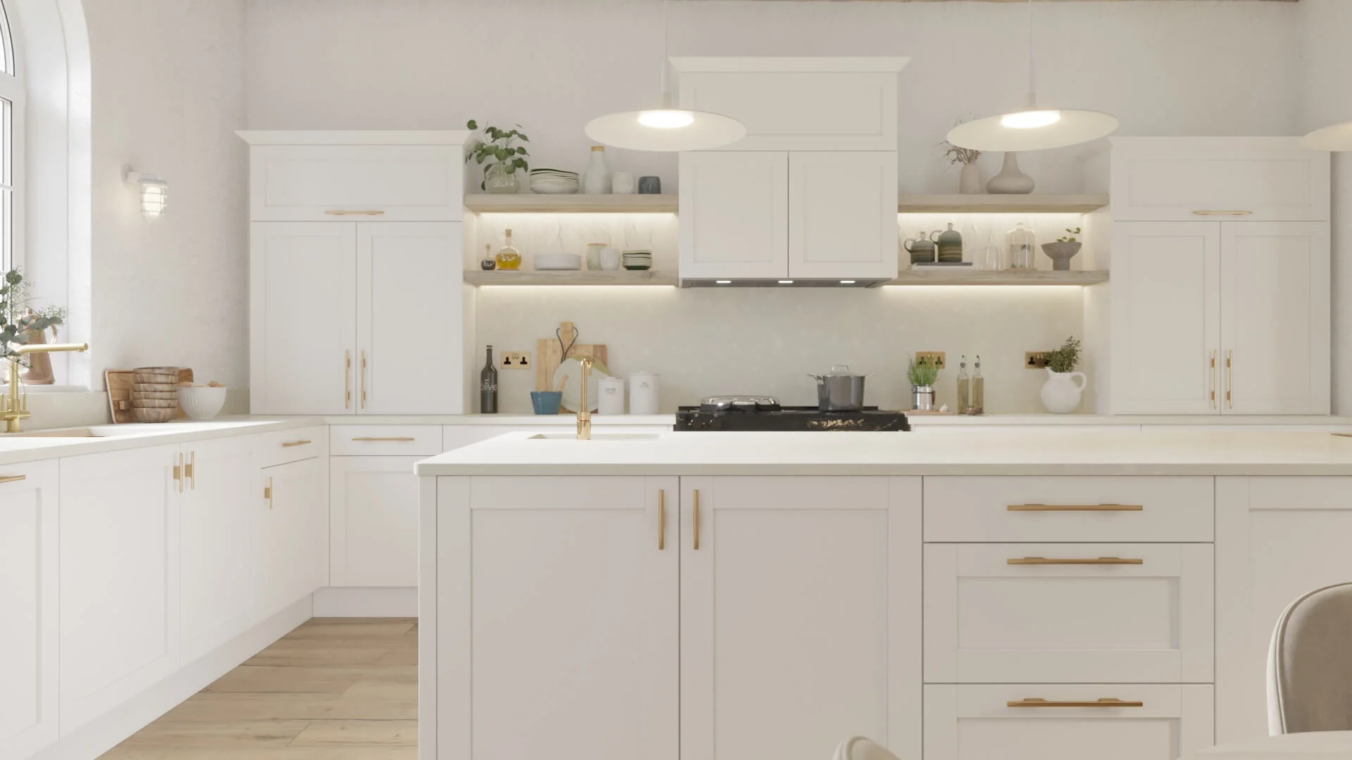 Kitchen Cabinets Hamilton in a bright modern shaker-style kitchen with white cabinetry, gold hardware, open shelving, and a large central island