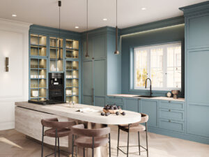 Kitchen cabinets Mississauga in teal-blue shaker style with glass display storage, a large island, and modern pendant lighting.