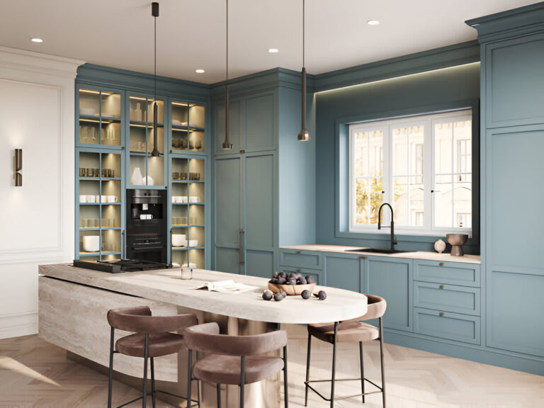 Kitchen cabinets Mississauga in teal-blue shaker style with glass display storage, a large island, and modern pendant lighting.