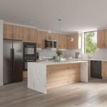 Modern wood Kitchen Cabinets Markham design with a white waterfall island, black appliances, and bright natural light in a spacious contemporary kitchen.